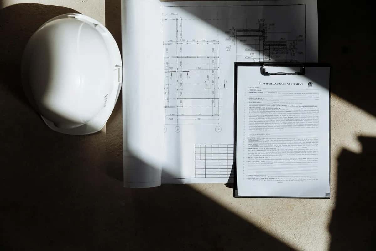 Hard hat next to a floor plan and written construction estimate document on a table.